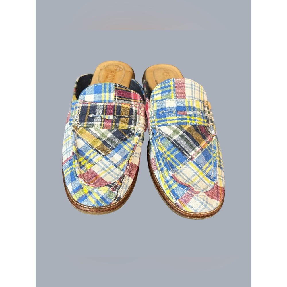 Sperry Seaport Penny Mules Womens 8 Multi Madras Plaid Patchwork Loafers Slip On - Picture 2 of 12
